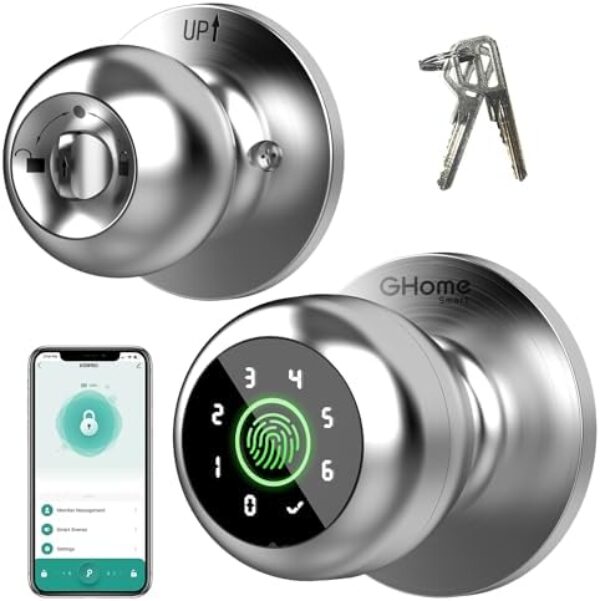 GHome Smart Fingerprint Door Lock, Fingerprint Door Knob with Keypad & App Control & Keys, Auto-Lock, Door Locks for Bedroom/Home/Garage/Apartment/Office, Local Data Storage